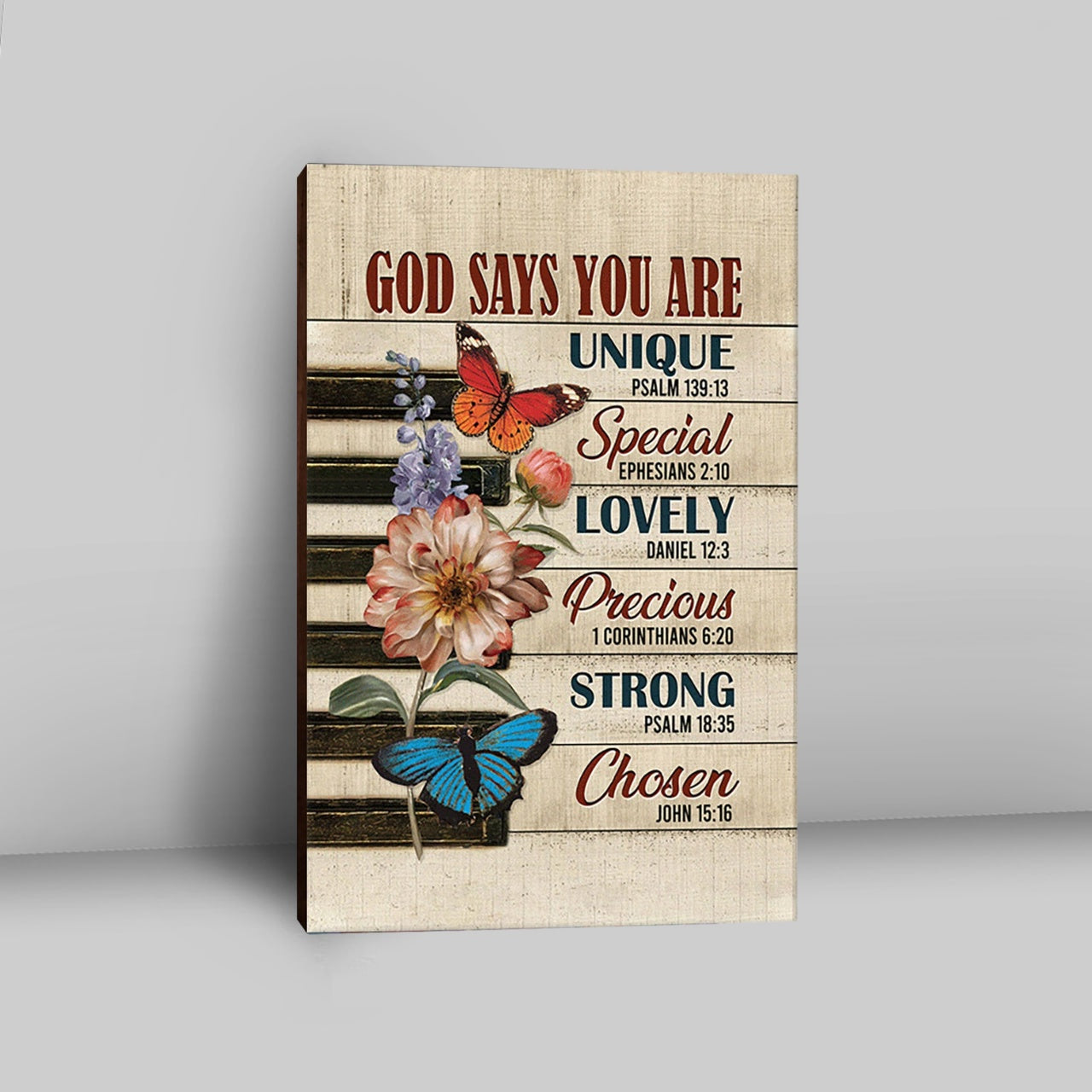 God Says You Are Piano Keys Gorgeous Butterfly Bible Verse Flowers Canvas Wall Art - Christian Canvas Prints