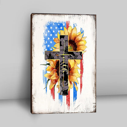 Cross Wall Decor - American Flag Wall Decor - Sunflower Decor - Patriotic Decor - Faith Wall Art Canvas