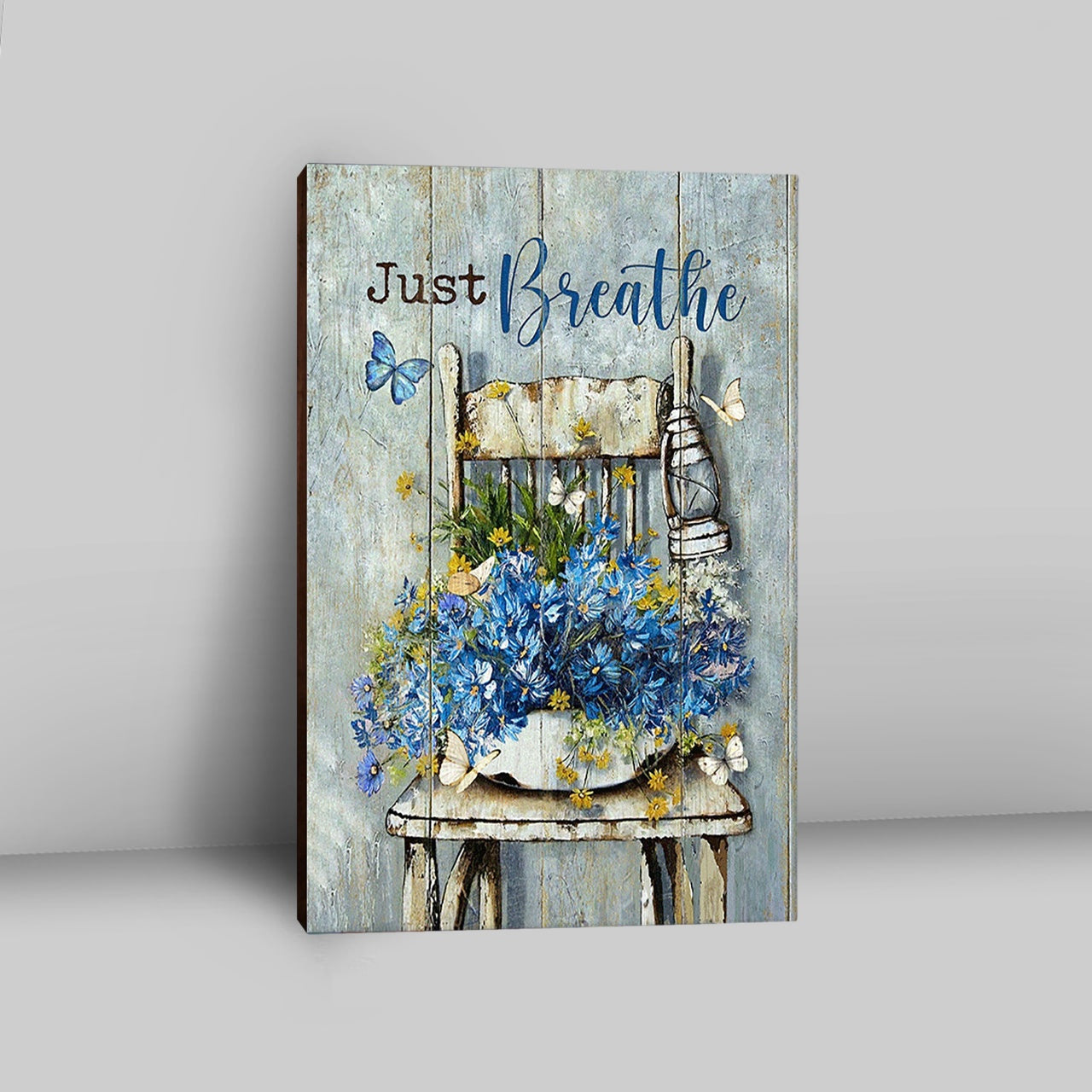 Just Breathe Blue Daisy Vase White Butterfly Canvas Wall Art - Bible Verse Canvas Art - Inspirational Art - Christian Home Decor