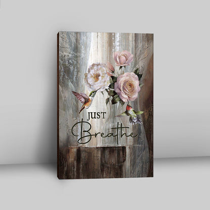 Just Breathe Hummingbird Rose White Peony Wall Art Canvas - Bible Verse Canvas Art - Christian Wall Art Home Decor