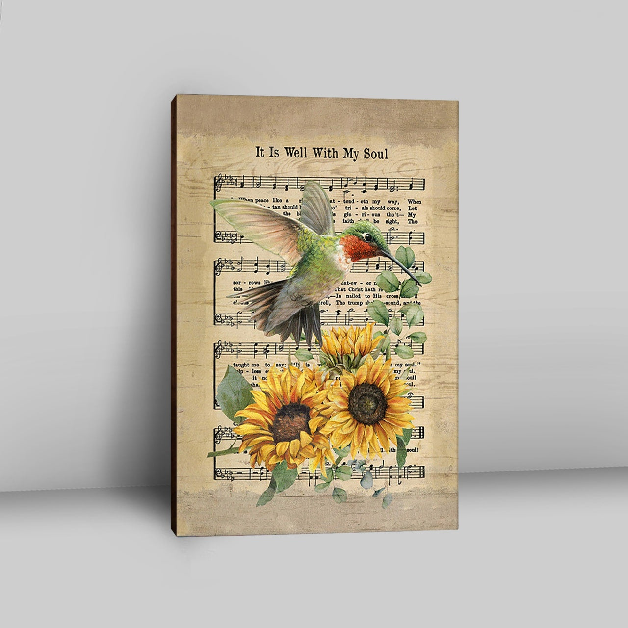 It Is Well With My Soul Hummingbird Sunflower Music Sheet Canvas Art - Bible Verse Wall Art - Christian Inspirational Wall Decor