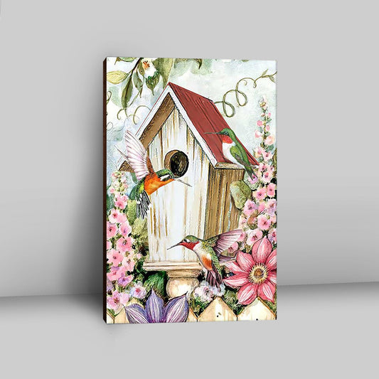 Birdhouse Hummingbird Pink Flower Garden Canvas Wall Art - Christian Canvas Prints - Bible Verse Canvas Art