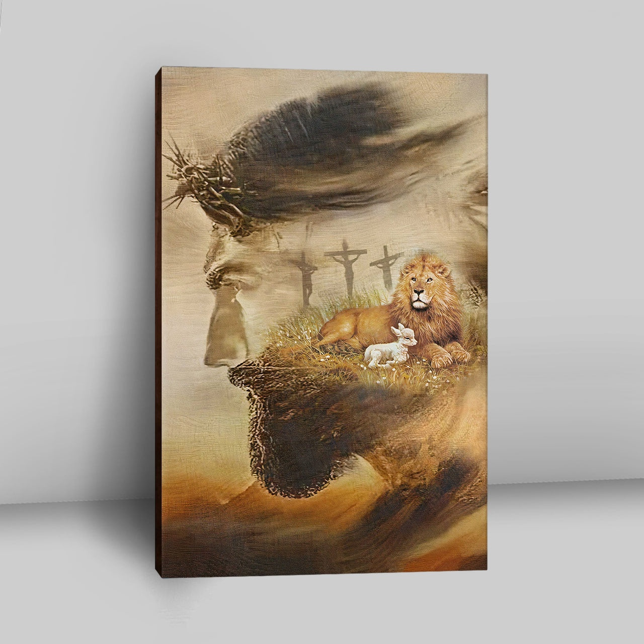 Jesus & Lion & Lamb Canvas Wall Art - Jesus Canvas Pictures - Christian Canvas Wall Art