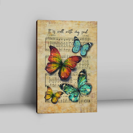 It Is Well With My Soul Canvas - Brilliant Butterfly Antique Music Sheet Canvas Art - Bible Verse Wall Art - Christian Inspirational Wall Decor