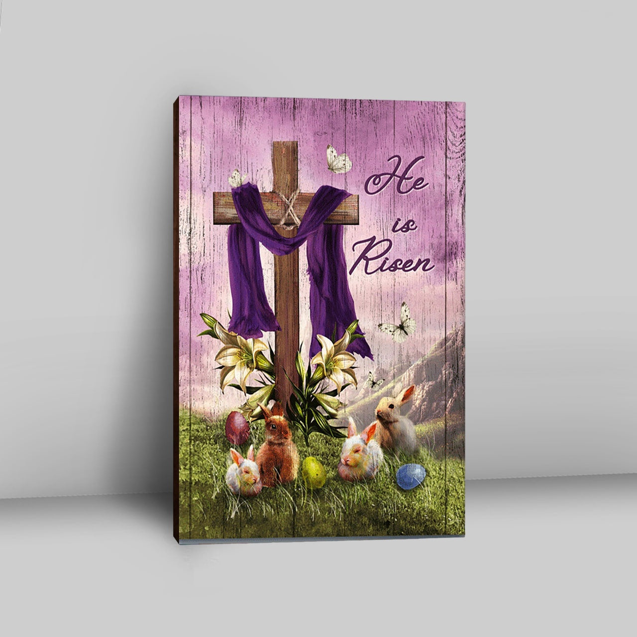 He Is Risen Easter Bunny Cross Lily Flower White Butterfly Purple Silk Canvas Art - Bible Verse Wall Art - Christian Inspirational Wall Decor