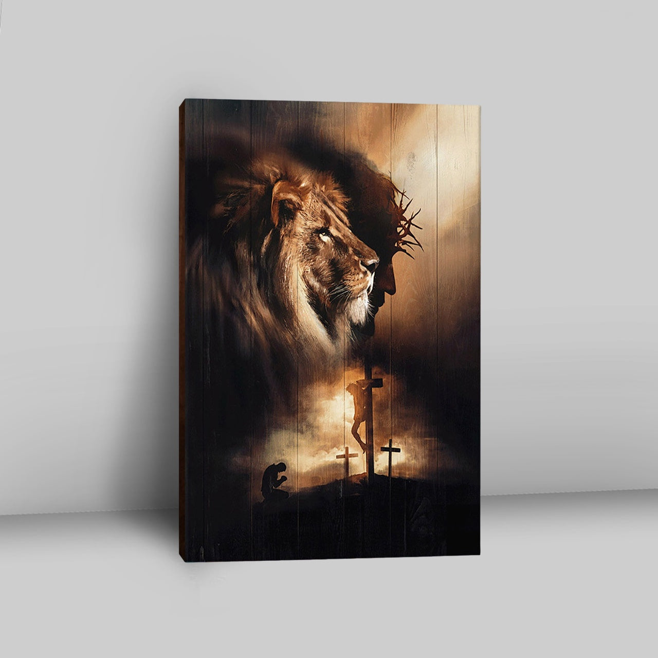 Lion Of Judah Jesus On The Cross Praying With Jesus Canvas - Lion Canvas Print - Christian Wall Art - Religious Home Decor