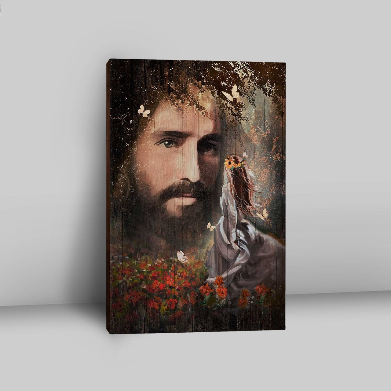 Face Of Jesus Pretty Girl Red Flower Garden Canvas Art - Christian Art - Bible Verse Wall Art - Religious Home Decor