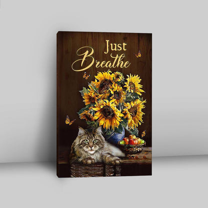 Just Breathe Sunflower Cat Wall Art Canvas - Bible Verse Canvas Art - Christian Wall Art Home Decor