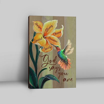 God Says You Are Unique Yellow Lily Hummingbird Canvas Art - Bible Verse Wall Art - Christian Inspirational Wall Decor