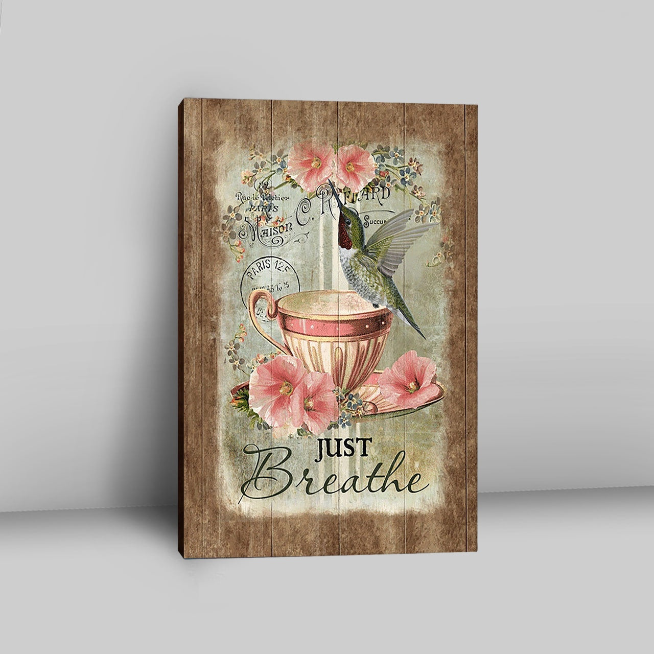 Just Breathe Hummingbird Tea Cup Pink Flowers Vintage Canvas Wall Art - Christian Canvas Prints - Bible Verse Canvas Art