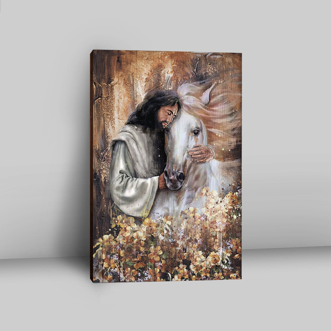 Flower Garden Jesus Hugging A Horse Canvas Art - Bible Verse Wall Art - Christian Inspirational Wall Decor