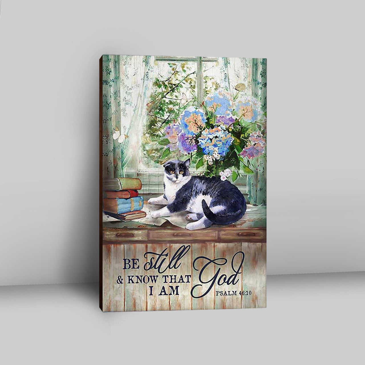 Cat Hydrangea Vase Book - Be Still And Know That I Am God Canvas Wall Art - Christian Canvas Prints - Bible Verse Canvas Art