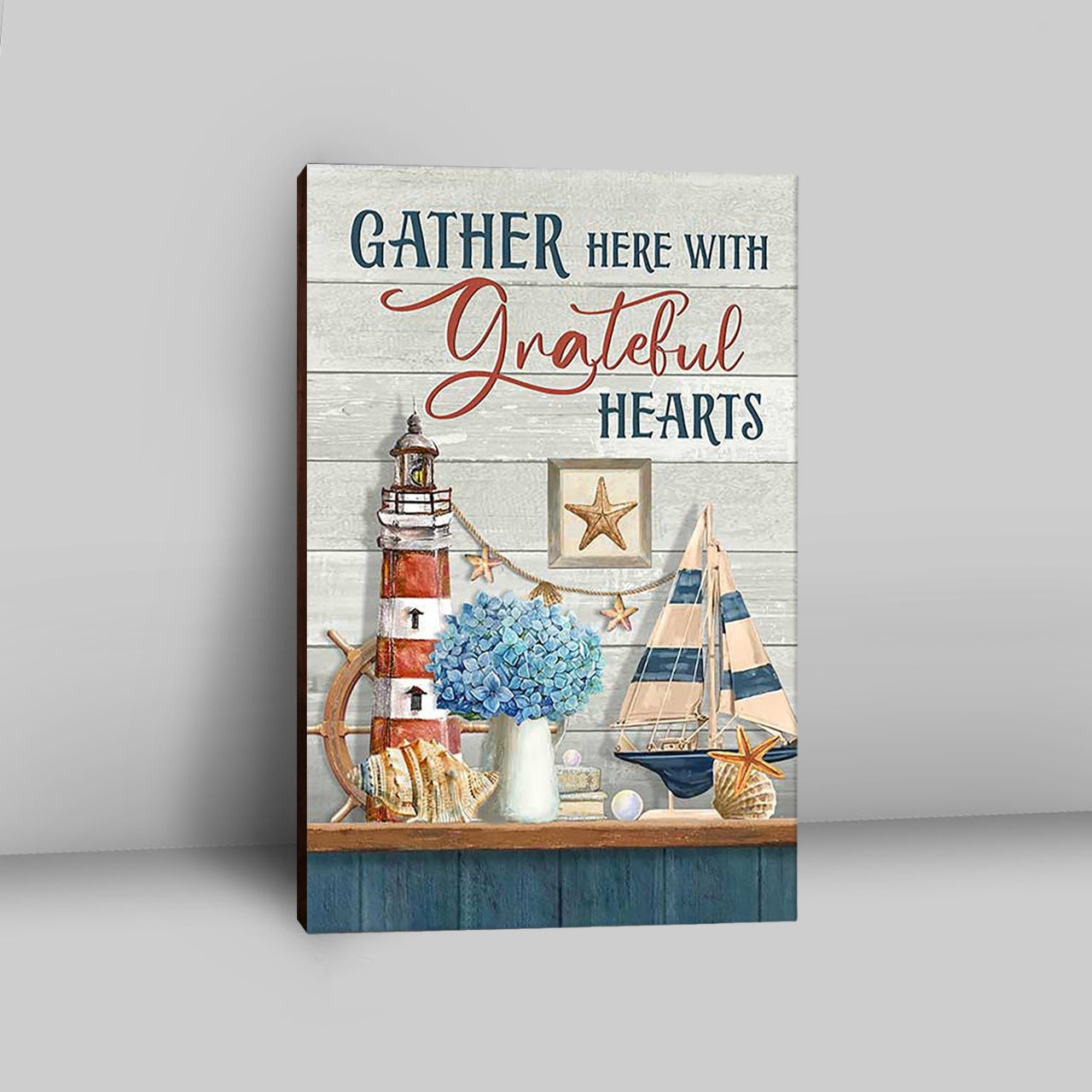 Gather Here With Grateful Hearts Lighthouse Canvas Art - Bible Verse Wall Art - Christian Inspirational Wall Decor