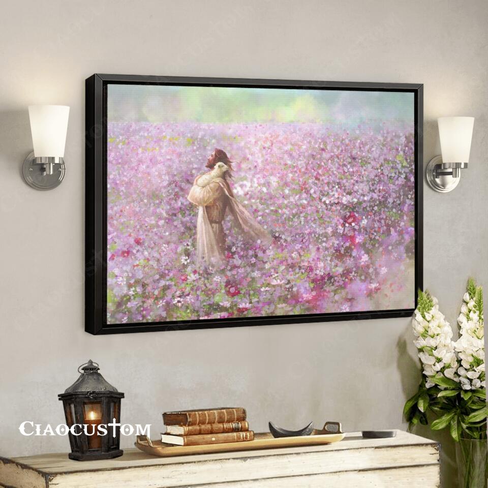 Jesus Holding A Lost Lamb On The Pink Flower Fields Wall Art - Jesus Canvas Poster - Christian Canvas Wall Art - Christian Gift - Ciaocustom