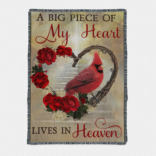 A Big Piece Of My Heart Lives In Heaven Red Rose Cardinal Woven Throw Boho Blanket - Christian Boho Blanket Decor - Religious Woven Throw Blanket Prints