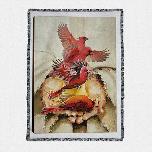 A Cardinal On His Hand Jesus Woven Throw Boho Blanket - Christian Woven Throw Blanket Prints - Bible Verse Woven Throw Blanket Art