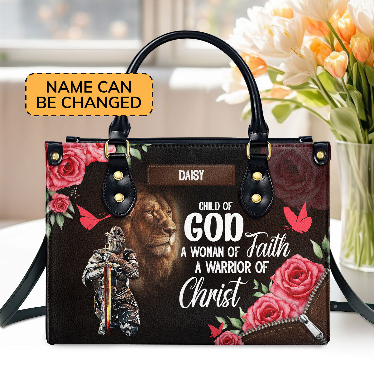 A Child Of God Warrior Woman And Lion Personalized Leather Handbag - Jesus Handbag