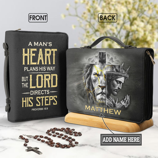A Mans Heart Plans His Way Proverbs 16 9 Lion God Personalized Bible Cover - Gift Bible Cover for Christians
