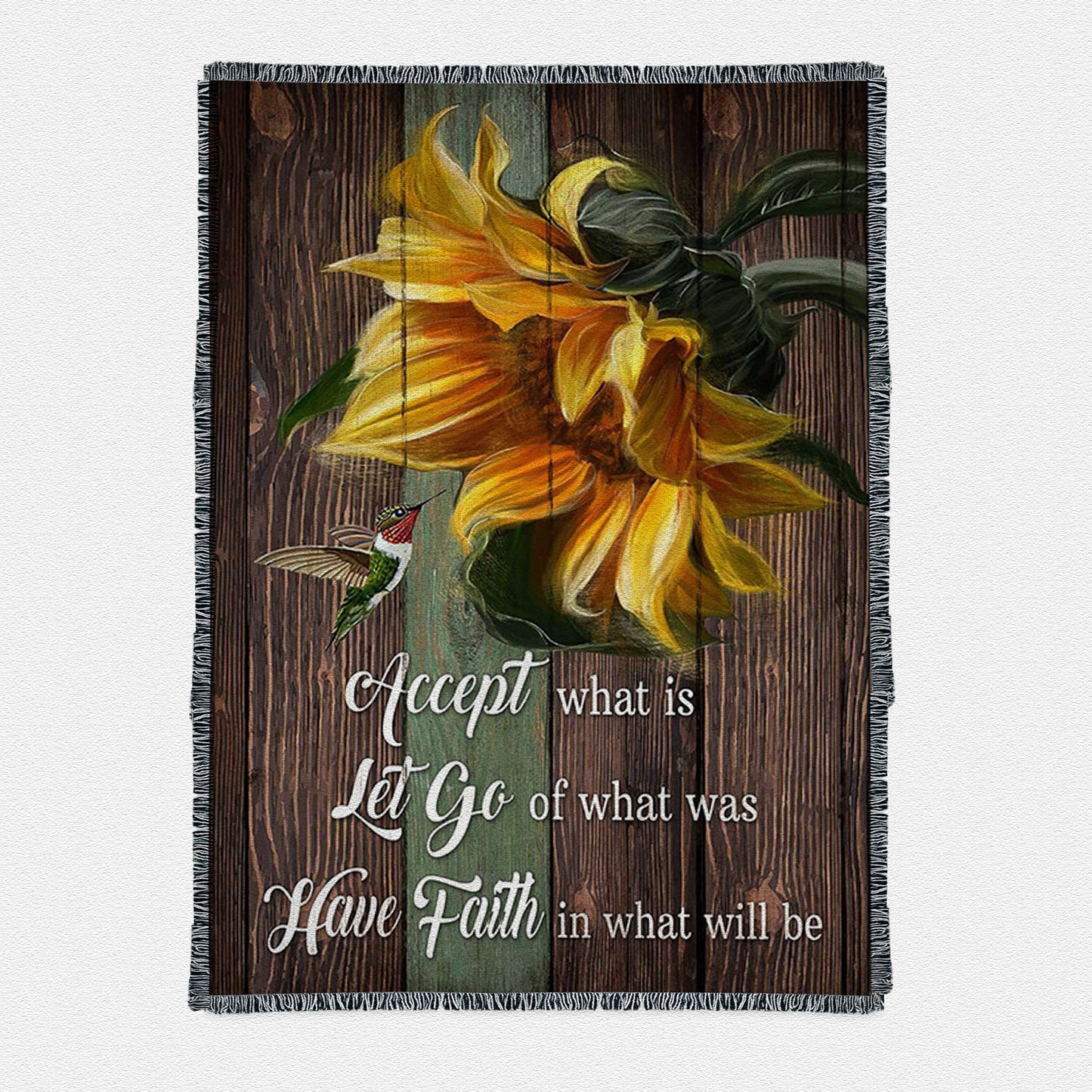 Accept Let Go Have Faith Sunflower Hummingbird Woven Throw Blanket Art - Bible Verse Boho Blanket - Religious Home Decor