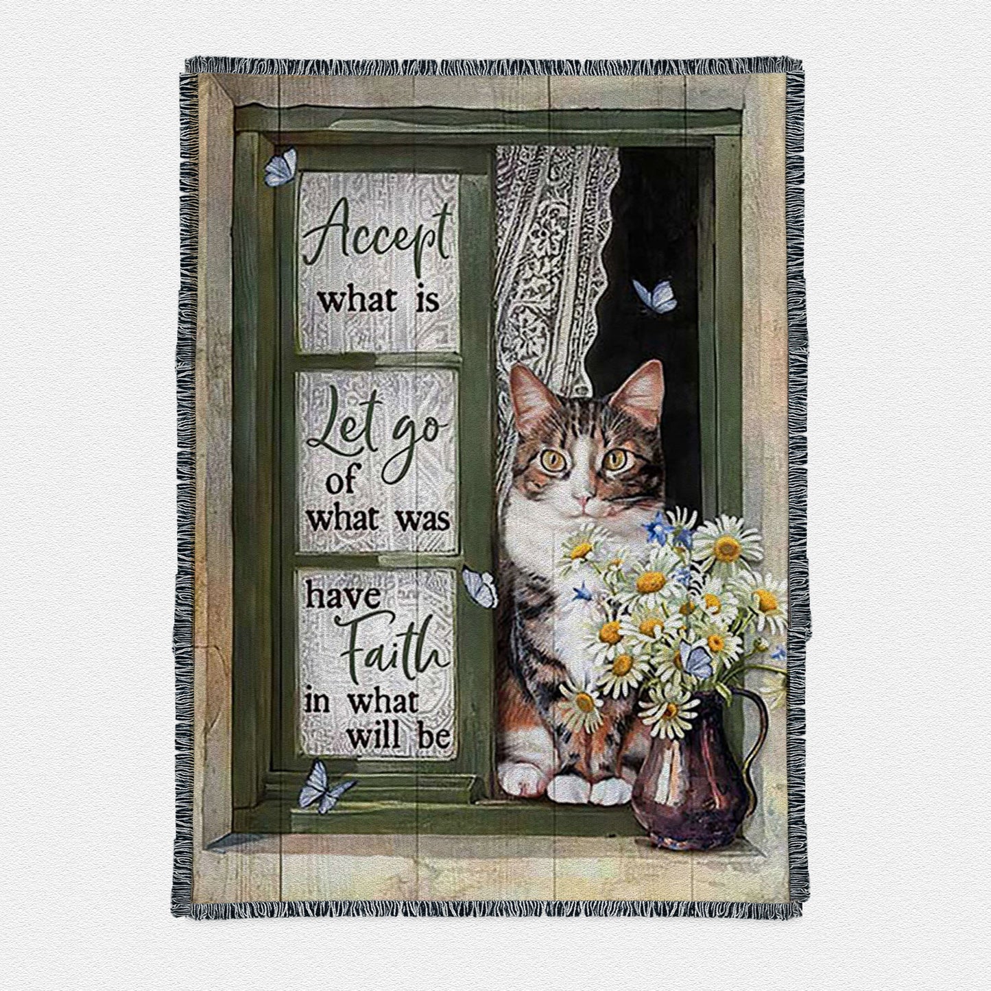 Accept What Is Let Go Woven Throw Blanket - Angry Cat Daisy Vase Green Window Woven Throw Boho Blanket - Christian Woven Throw Blanket Prints