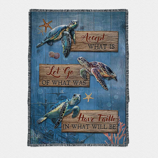 Accept What Is Let Go Sea Turtle Starfish Woven Throw Blanket Art - Bible Verse Boho Blanket - Christian Inspirational Decor