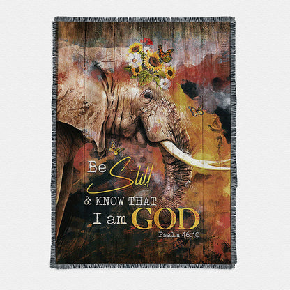 African Elephant Sunflower Be Still And Know That I Am God Woven Throw Boho Blanket - Christian Woven Throw Blanket Prints - Bible Verse Woven Throw Blanket Art