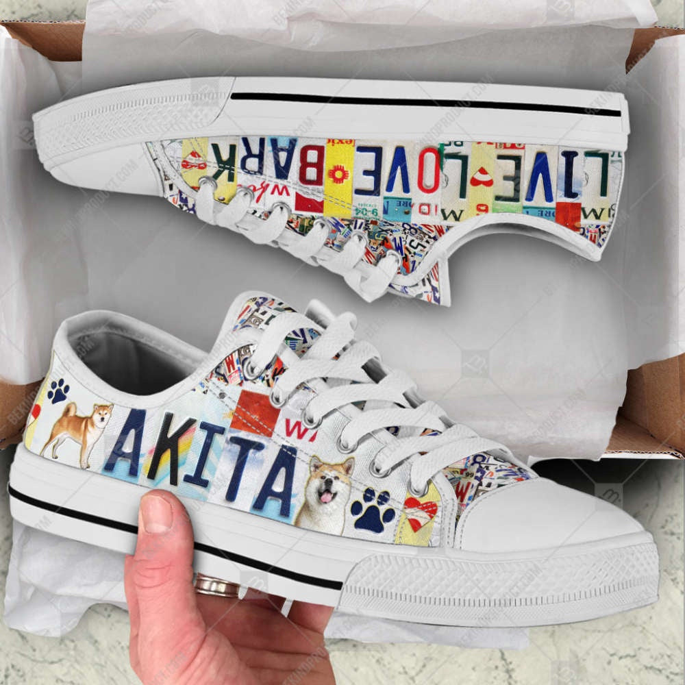 Akita Dog License Plates Low Top Shoes Canvas Sneakers Casual Shoes, Dog Printed Shoes, Canvas Shoes For Men, Women