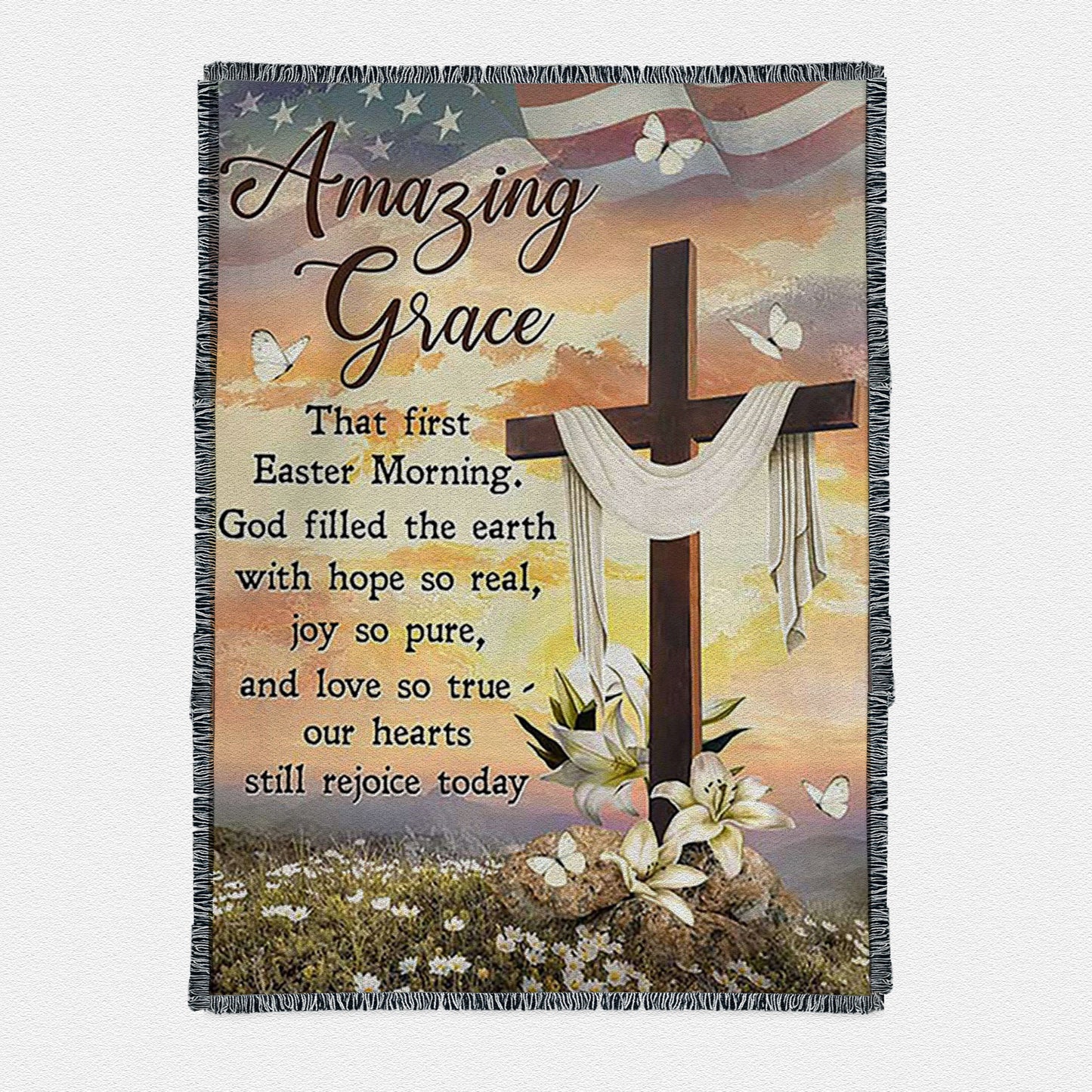 Amazing Grace Beautiful Cross Lily Flower Woven Throw Boho Blanket - Bible Verse Woven Throw Blanket Art - Inspirational Art - Christian Home Decor