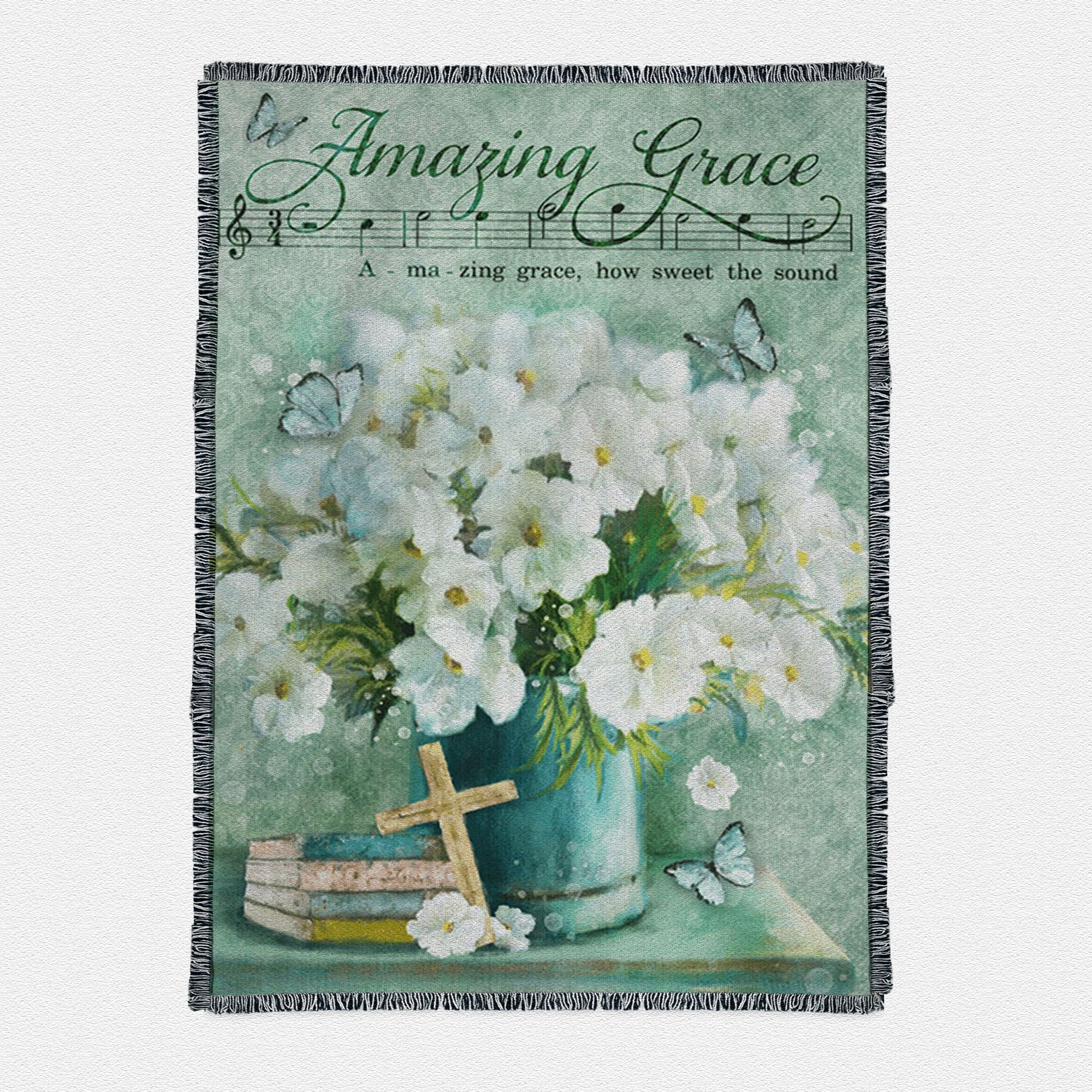Amazing Grace Flower Cross Book Butterfly Woven Throw Boho Blanket - Christian Boho Blanket Decor - Religious Woven Throw Blanket Prints