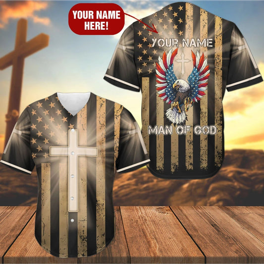 America Flag Eagle Man Of God Cross Custom Baseball Jersey - Personalized Jesus Baseball Jersey For Men and Women