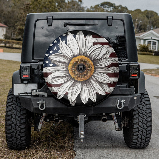 American Flag White Sunflower Spare Tire Cover - Christian Tire Cover