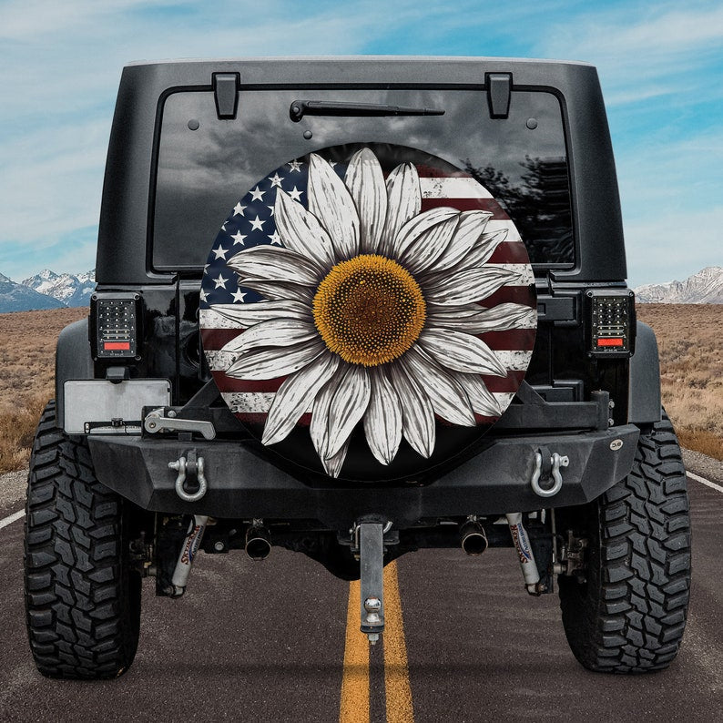 American Flag White Sunflower Spare Tire Cover - Christian Tire Cover