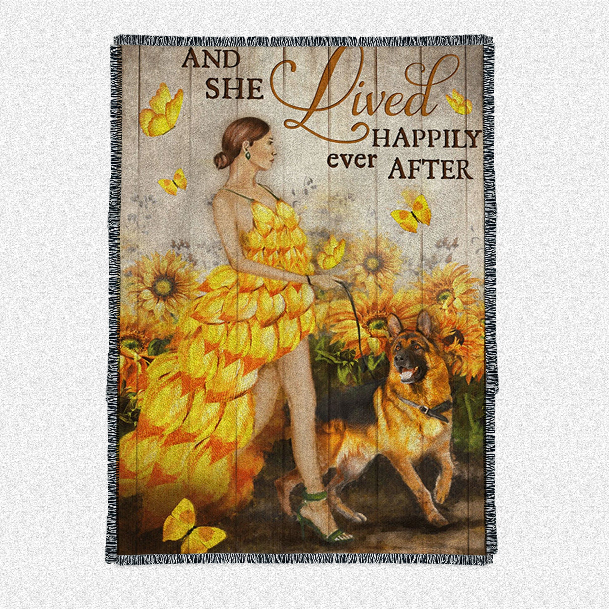 And She Lived Happily Ever After Beautiful Girl German Shepherd Woven Throw Boho Blanket - Christian Boho Blanket Decor - Religious Woven Throw Blanket Prints