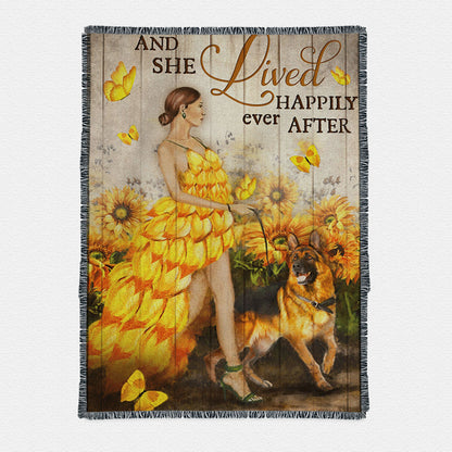 And She Lived Happily Ever After Beautiful Girl German Shepherd Woven Throw Boho Blanket - Christian Boho Blanket Decor - Religious Woven Throw Blanket Prints