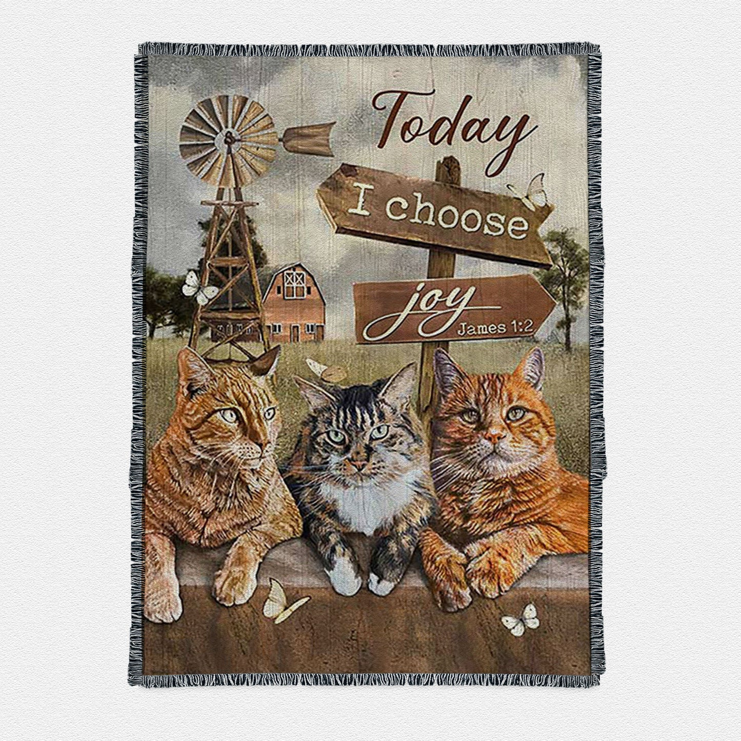 Angry Cat Windmill Today I Choose Joy Woven Throw Boho Blanket - Christian Woven Throw Blanket Prints - Bible Verse Woven Throw Blanket Art