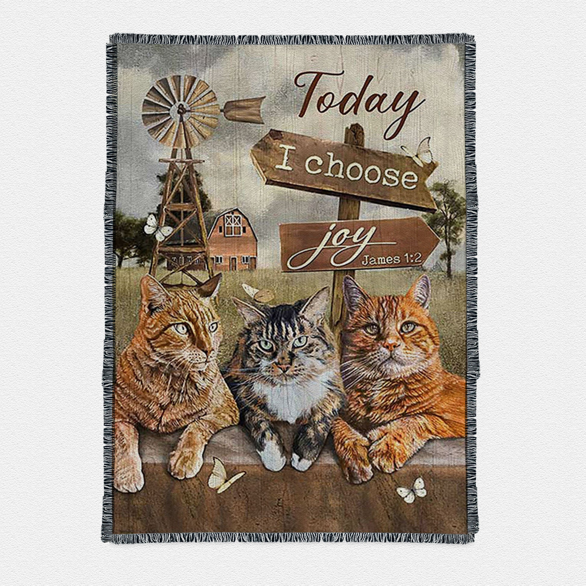 Angry Cat Windmill Today I Choose Joy Woven Throw Boho Blanket - Christian Woven Throw Blanket Prints - Bible Verse Woven Throw Blanket Art