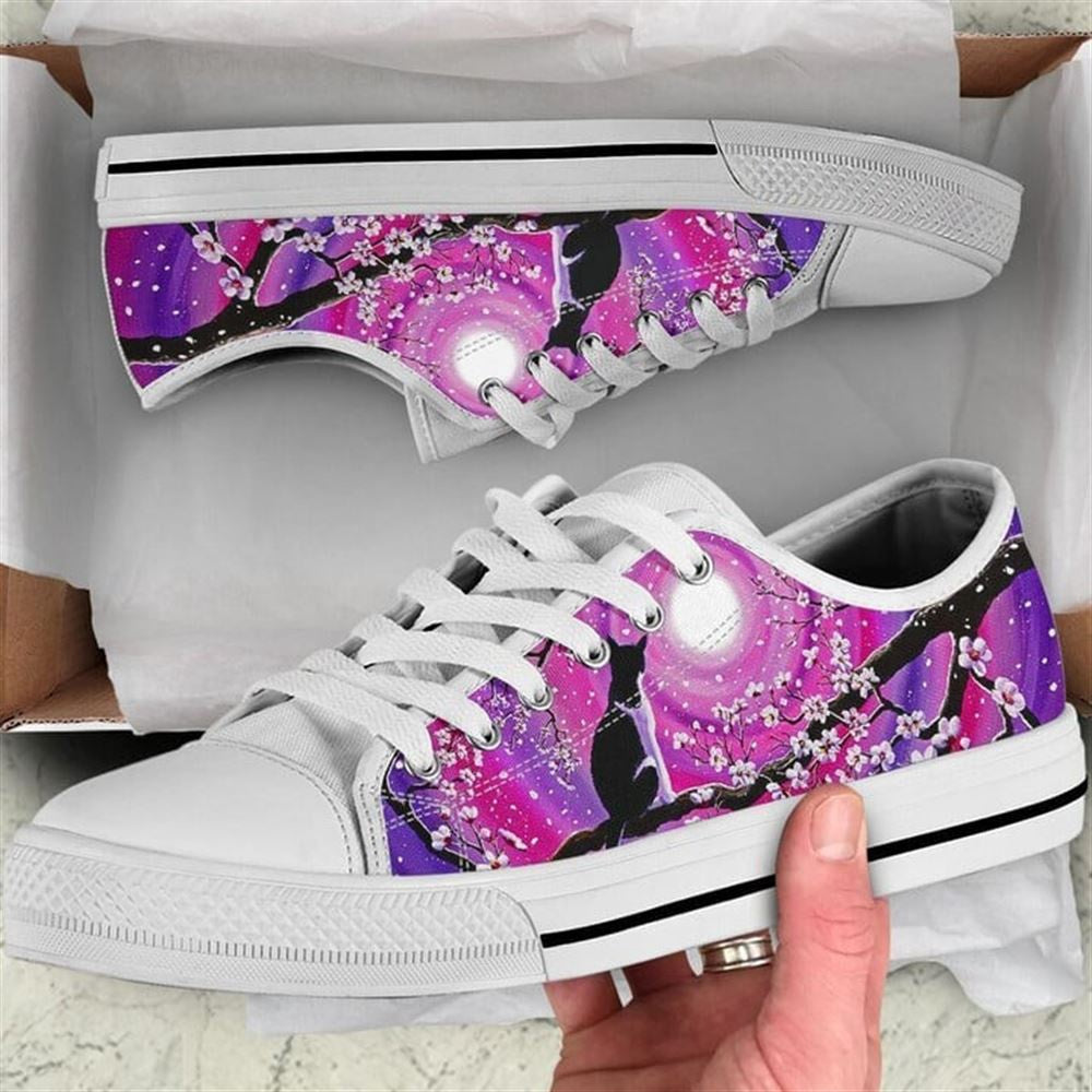 Back Cat Sakura Cherry Blossom Low Top Shoes - Low Top Shoes Mens, Women, Cat Canvas Shoes