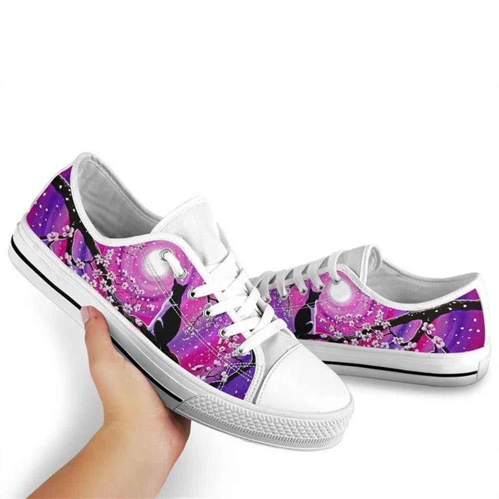 Back Cat Sakura Cherry Blossom Low Top Shoes - Low Top Shoes Mens, Women, Cat Canvas Shoes