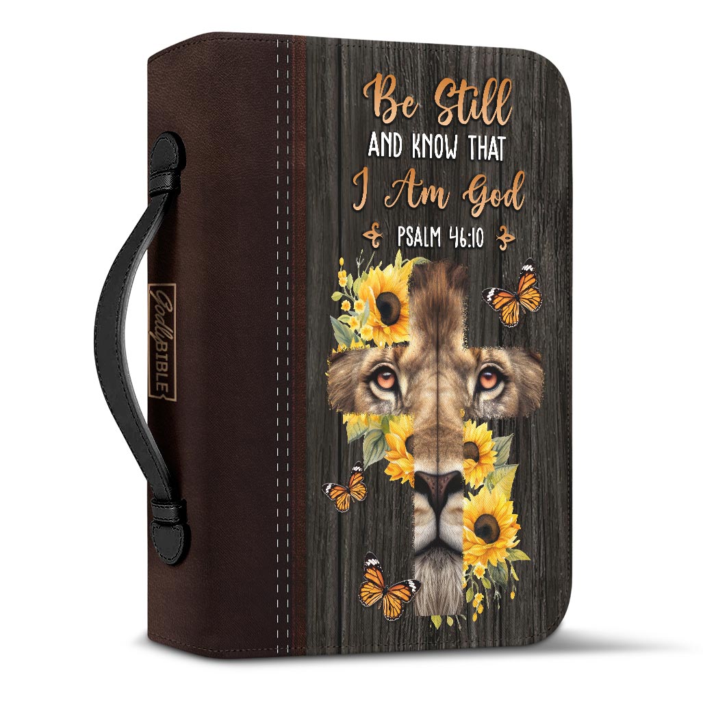 Be Still And Know That I Am God Psalm 46 10 Lion Butterfly Sunflower Personalized Bible Cover - Gift Bible Cover for Christians