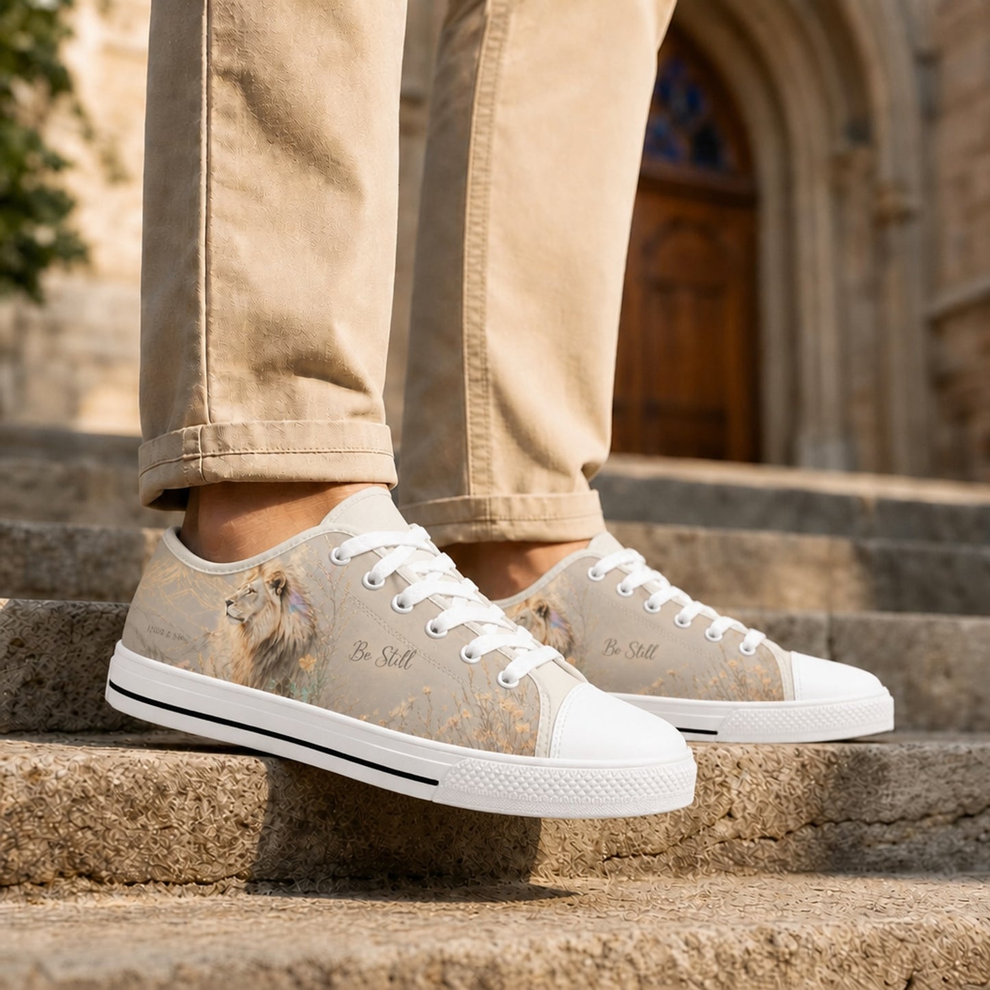 Be Still Lion Artistic Low Top Shoes Life style      
