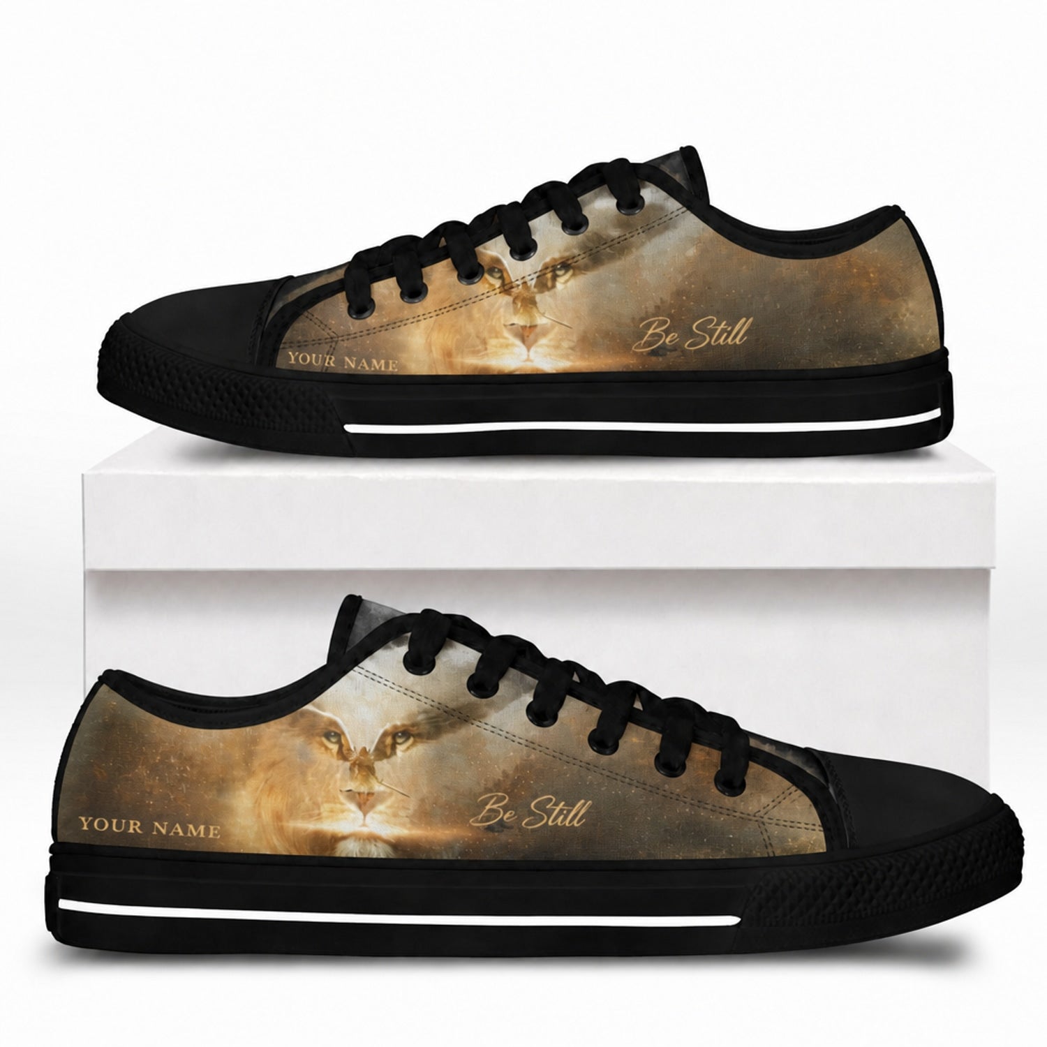 Be Still Lion Design Graphic God Low Top Shoes box black    