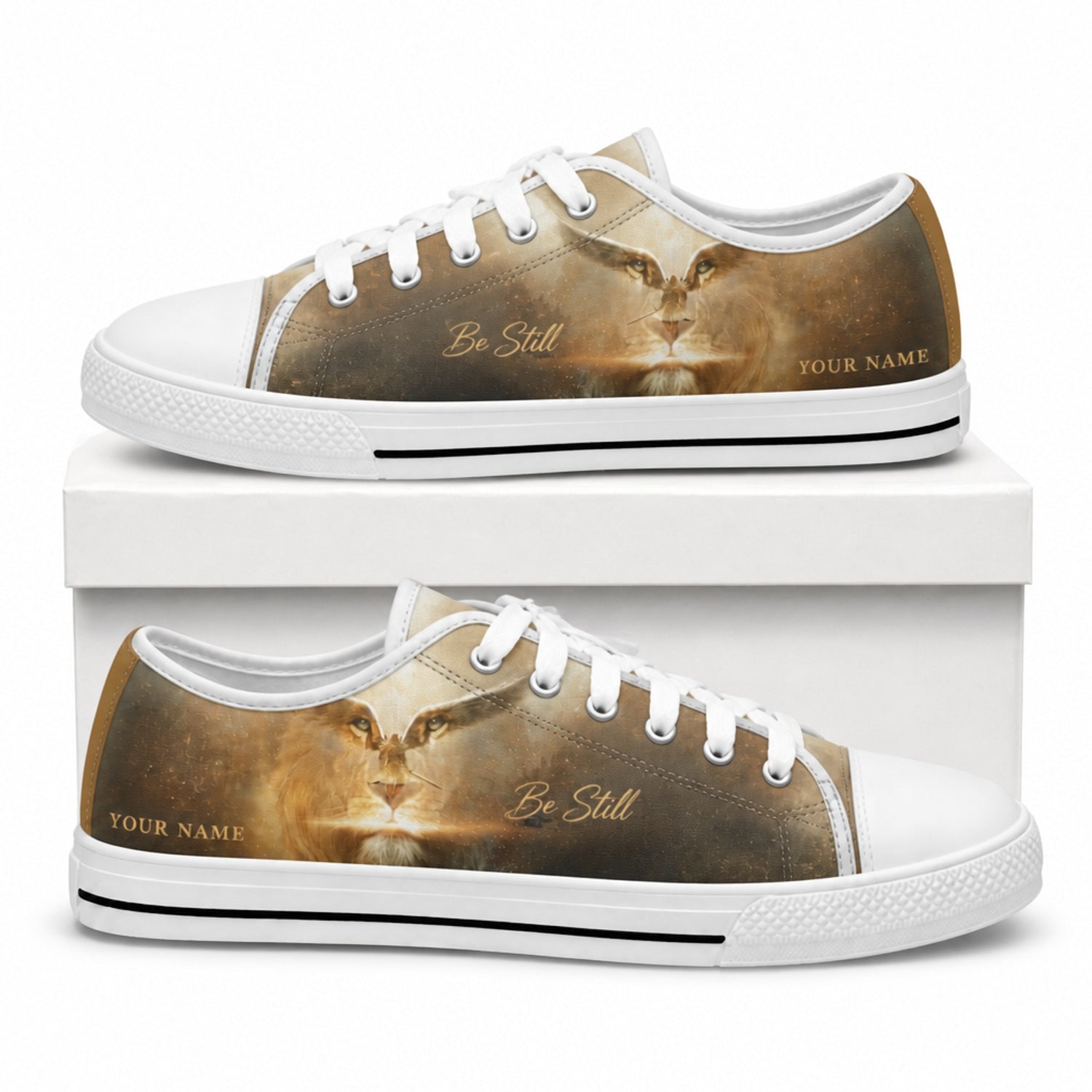 Be Still Lion Design Graphic God Low Top Shoes box white    