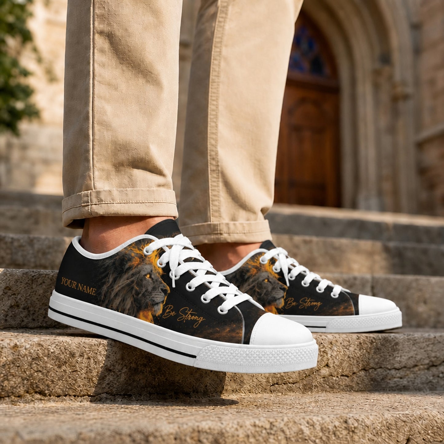 Be Strong Lion Graphic Low Top Shoes Life style      