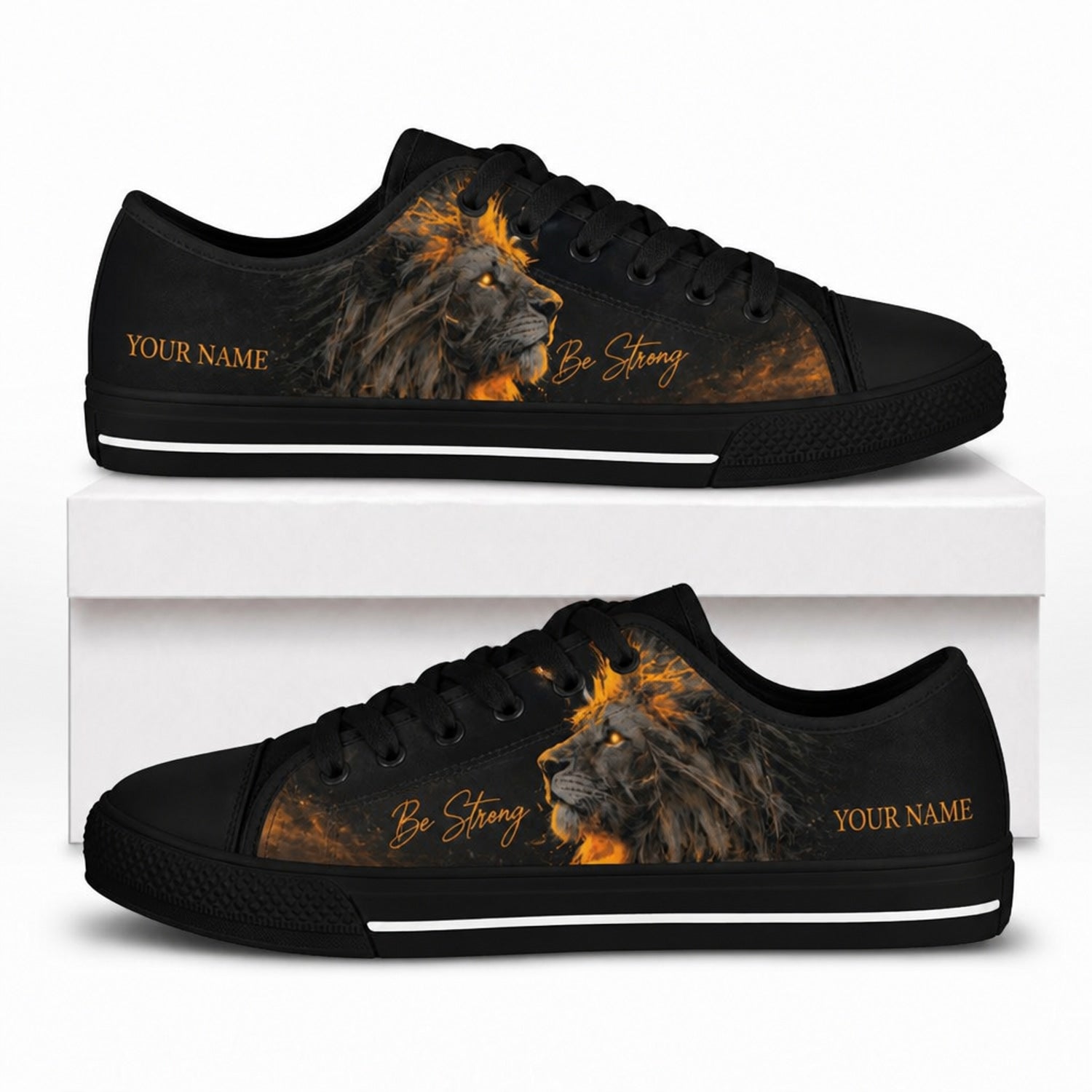 Be Strong Lion Graphic Low Top Shoes box black      
