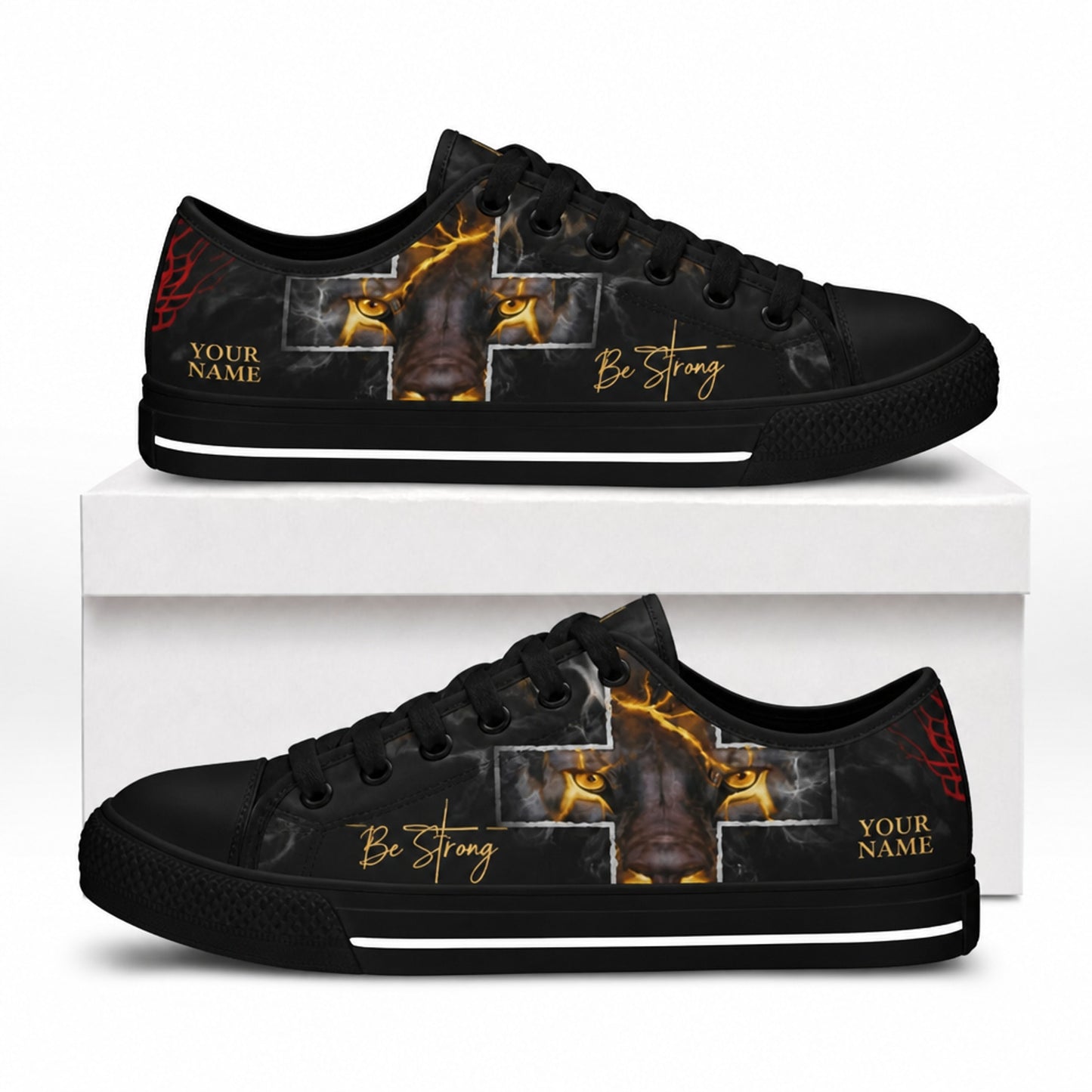 Be Strong Lion Graphic God Low Top Shoes box black      