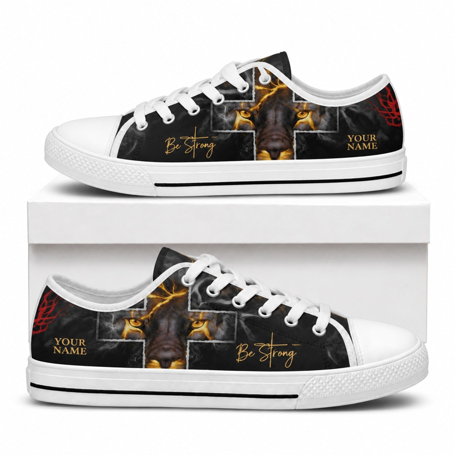 Be Strong Lion Graphic God Low Top Shoes box white      