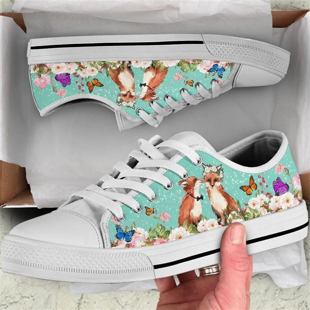 Beautiful Couple Fox Love Flower Watercolor Low Top Shoes, Animal Print Canvas Shoes, Print On Canvas Shoes