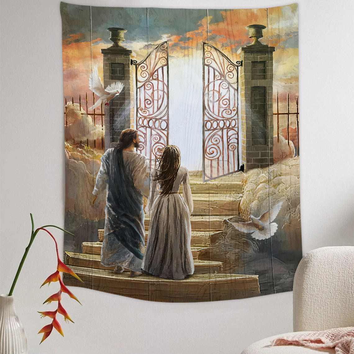 Beautiful Woman And Jesus Flying Dove Heaven Door Tapestry - Christian Tapestry - Bible Verse Tapestry