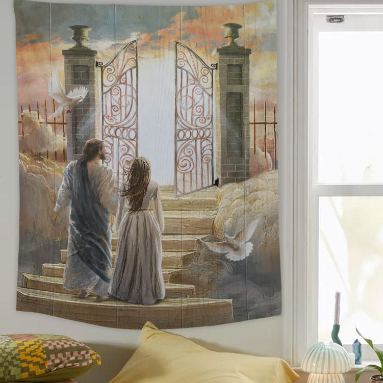 Beautiful Woman And Jesus Flying Dove Heaven Door Tapestry - Christian Tapestry - Bible Verse Tapestry
