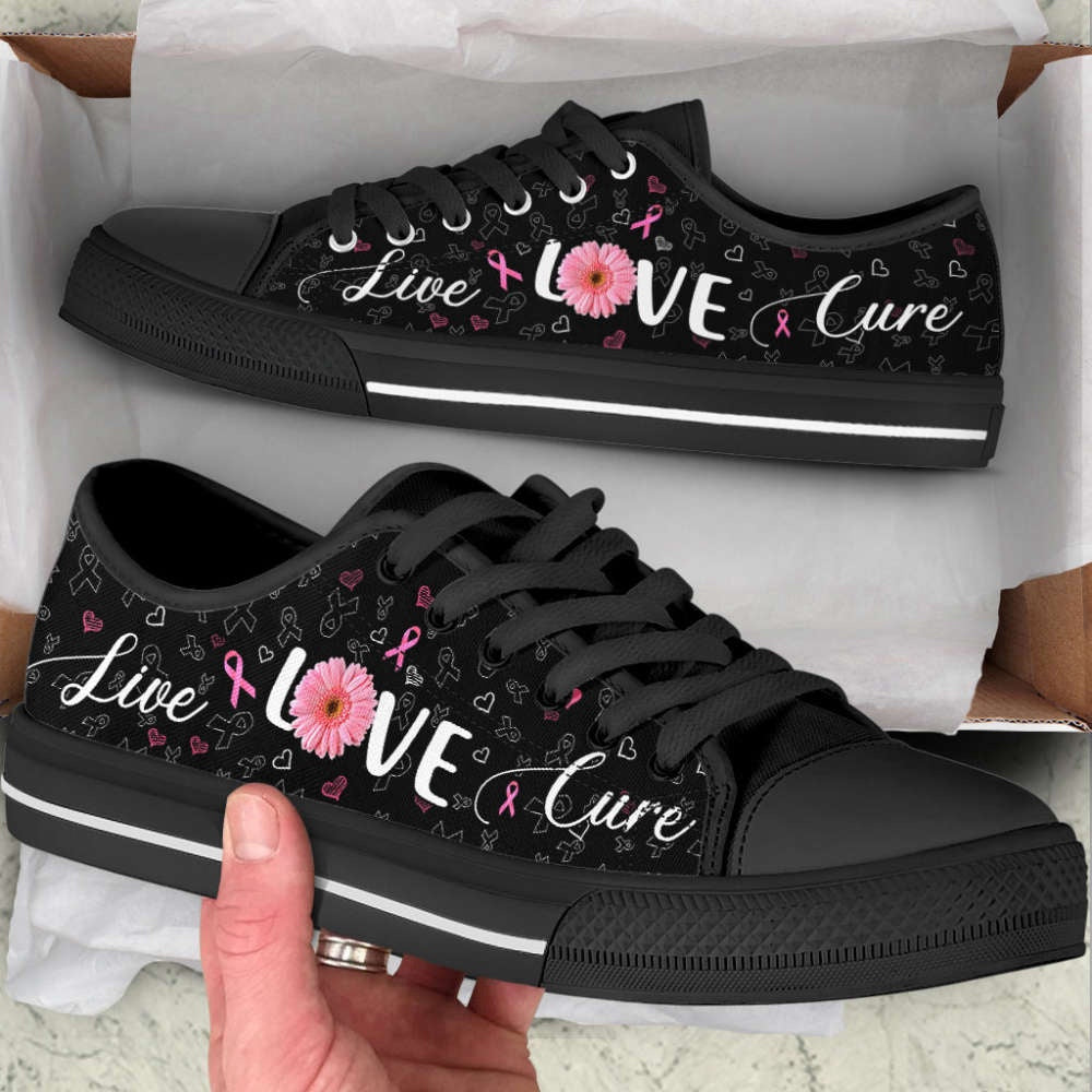 Breast Cancer Shoes Live Love Cure Ribbon Heart Low Top Shoes Canvas Shoes, Breast Cancer Awareness Shoes